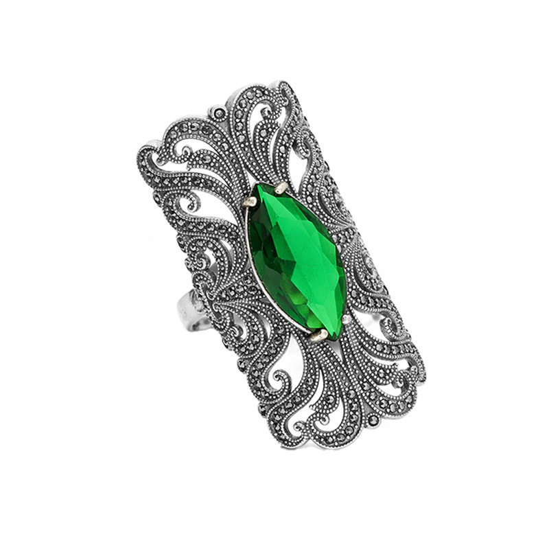 Pierścionek srebrny 925 blaszka z oksydą i markazytami oraz zieloną cyrkonią szlif markiza