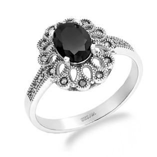 Pierścionek srebrny 925 oksydowany z onyksem i markazytami