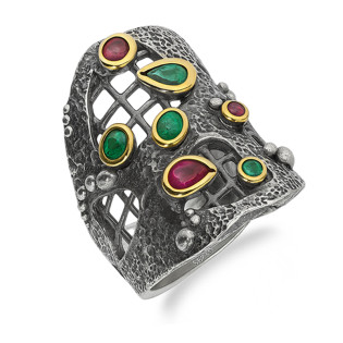 Pierścionek srebrny blaszka z brassem i rubinami