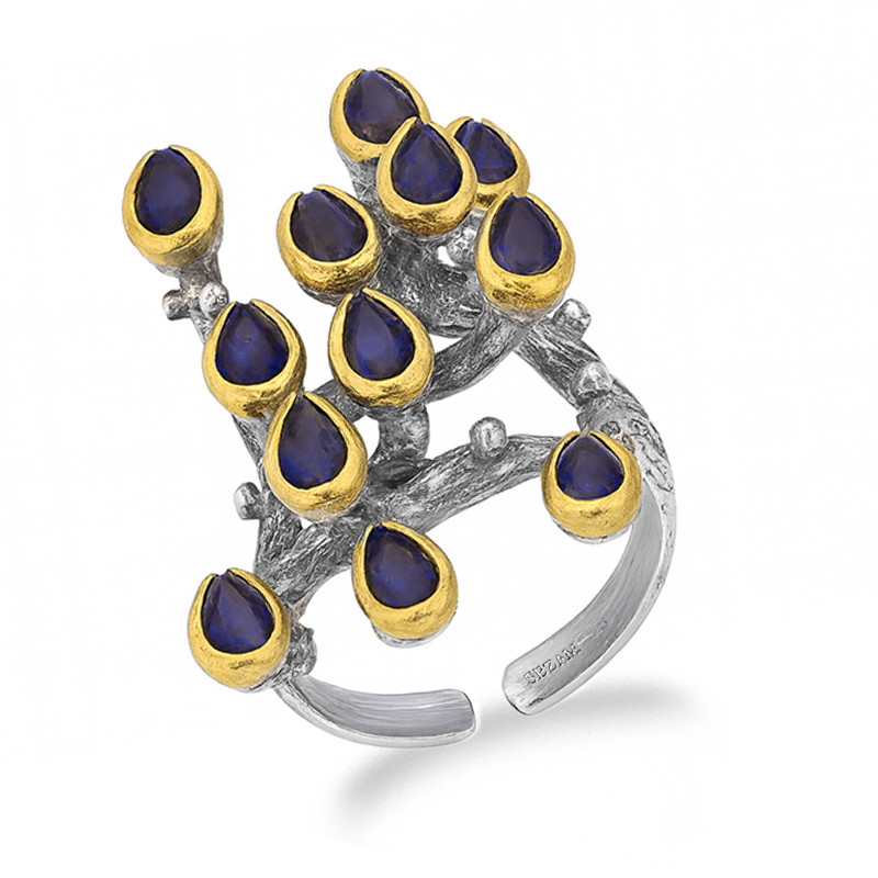 Pierścionek srebro z brassem i szafirami szlif gruszka