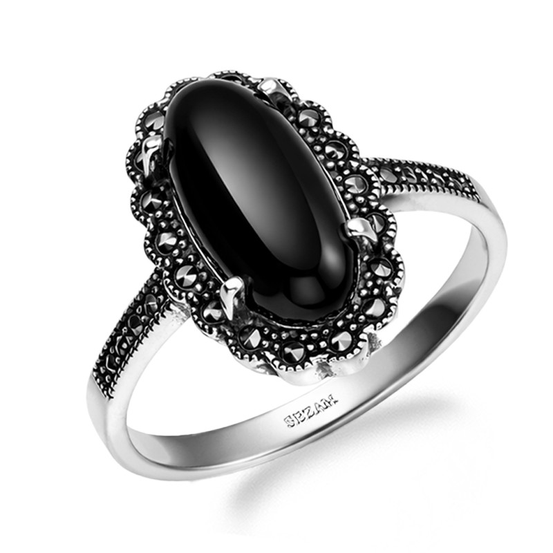 Pierścionek srebrny 925 oksydowany z onyksem i markazytami