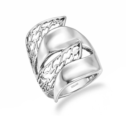 Pierścionek szeroki liście blask i ażur srebro 925