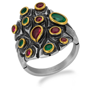 Pierścionek srebrna blaszka z brassem i rubinami