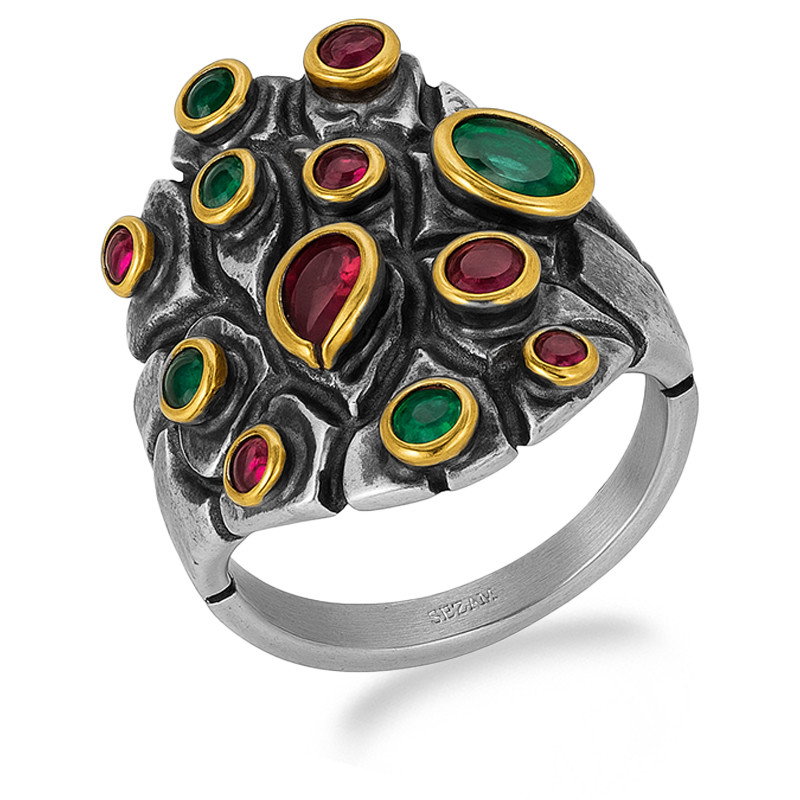 Pierścionek srebrna blaszka z brassem i rubinami