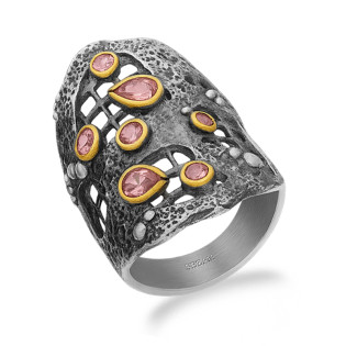 Pierścionek srebro z brassem szeroka blaszka z ametystami