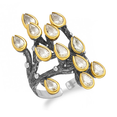 Pierścionek srebro z brassem i kwarcami o szlifie gruszki