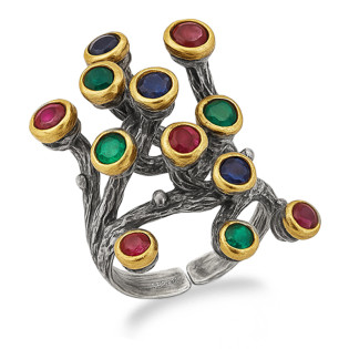 Pierścionek srebrny z brassem i okrągłymi rubinami szafirami i zielonymi cyrkoniami