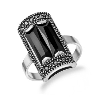 Pierścionek srebrny 925 oksydowany z onyksem i markazytami
