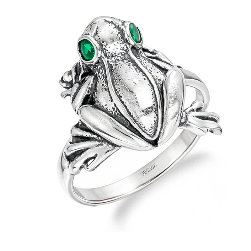 Pierścionek żaba z zielonymi oczami srebro 925