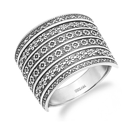 Pierścionek blaszka oksydowana z kwiatkami srebro 925