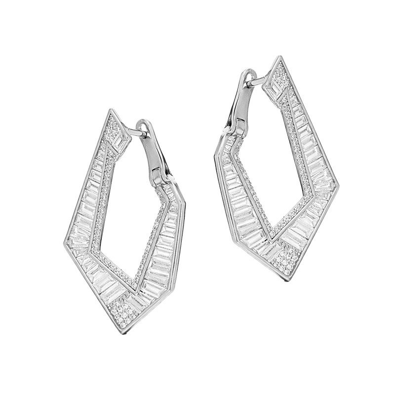 Kolczyki nieregularny romb wysadzany cyrkoniami bagieta srebro 925