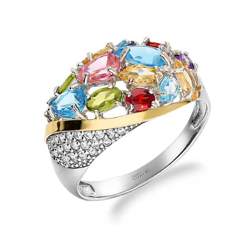 Pierścionek srebrny kopułka cyrkonie kolorowe o różnym szlifie z blaszką próby 375