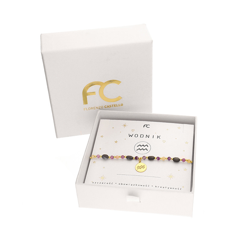 Bransoletka znak zodiaku Wodnik z kamieniami naturalnymi srebro koloru złotego