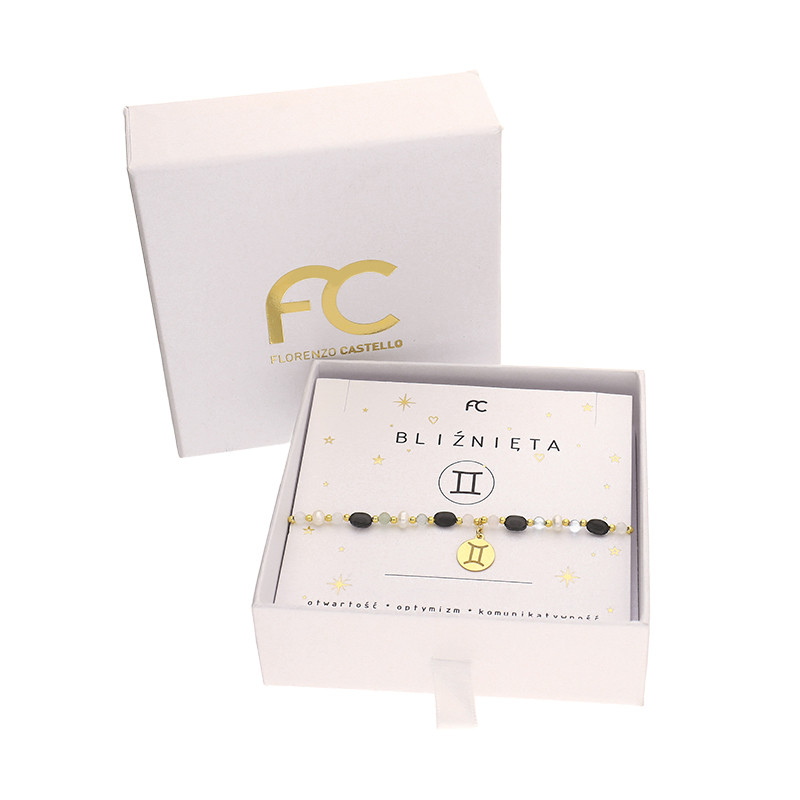 Bransoleta znak zodiaku Bliźnięta z kamieniami naturalnymi srebro koloru złotego