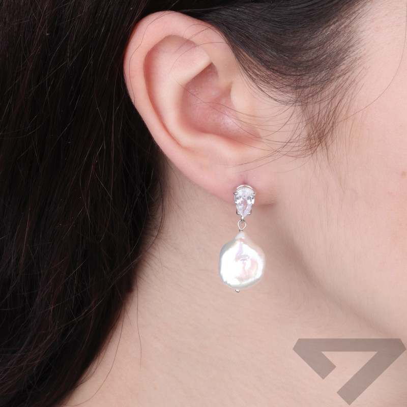 Kolczyki wiszące z perłą barokową i cyrkonią zapięcie ze srebra 925