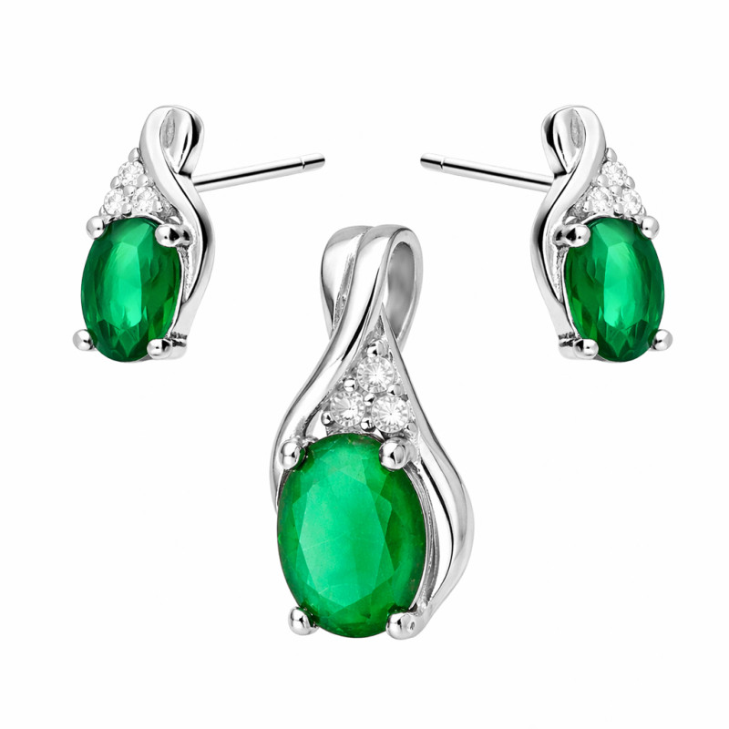 Komplet srebrny kolczyki i zawieszka owalna zielona cyrkonia