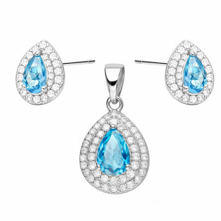 Komplet srebrnej biżuterii kolczyki i zawieszka Markiza kropla z cyrkonią jasno niebieską
