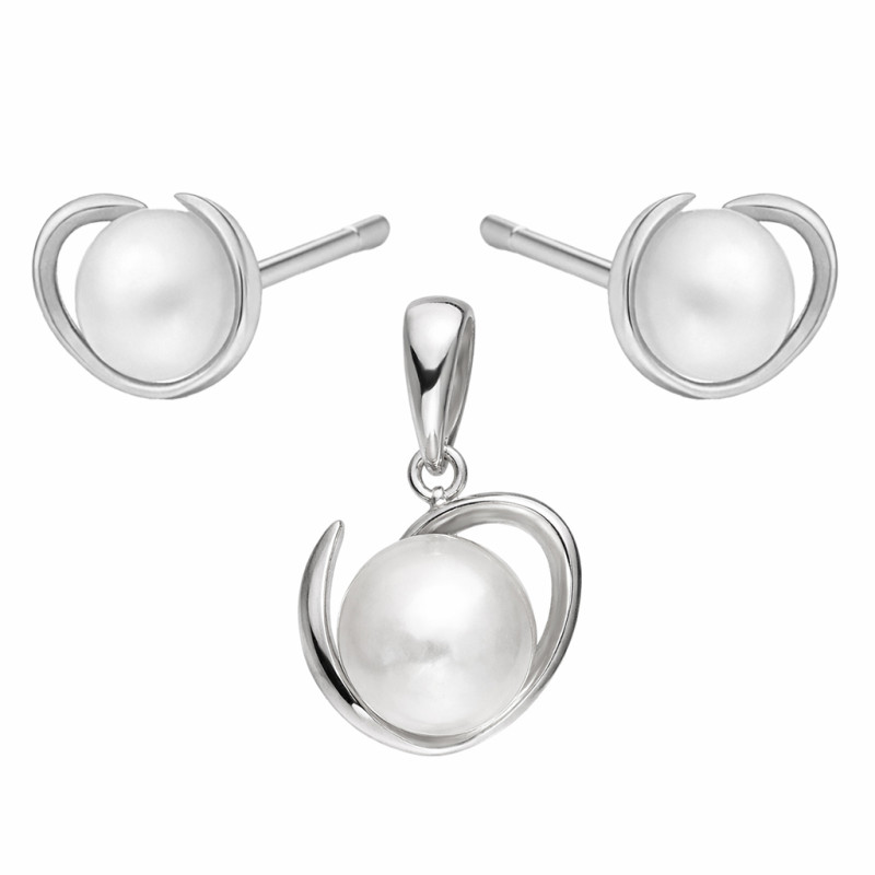 Komplet srebrny kolczyki i zawieszka z białą perłą