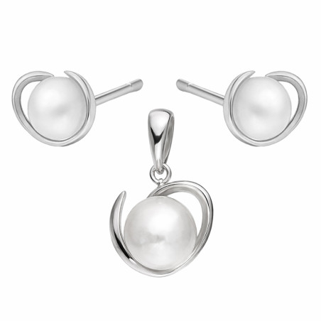 Komplet srebrny kolczyki i zawieszka z białą perłą