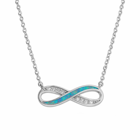 Naszyjnik srebrny infinity z cyrkoniami i niebieskim opalem