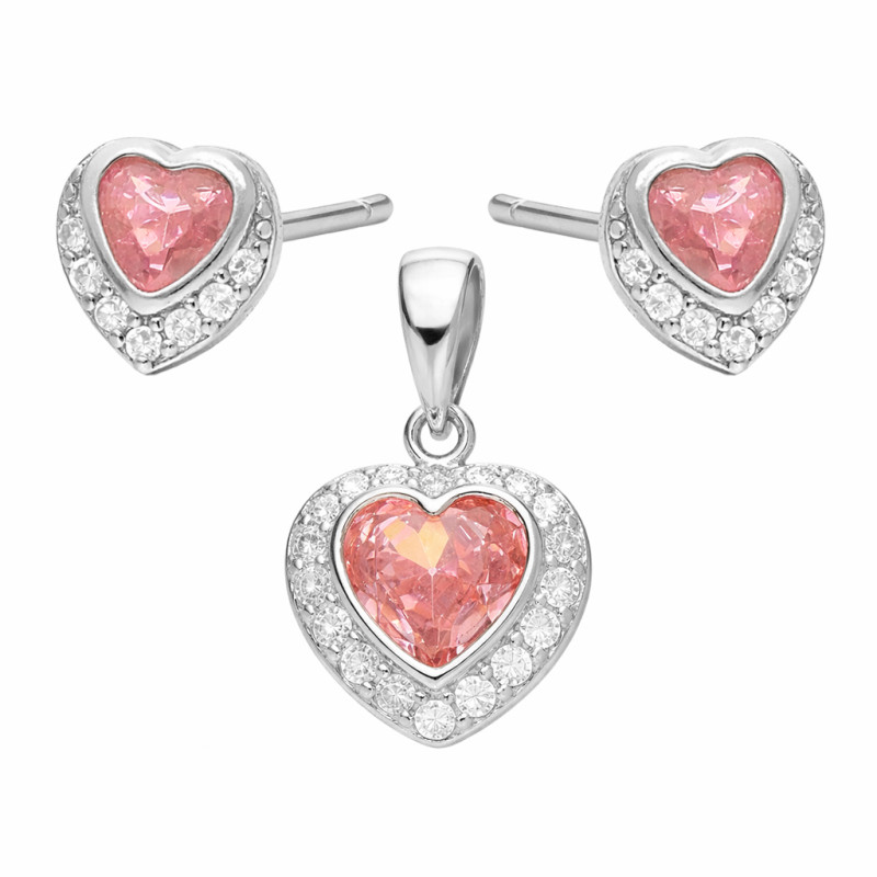 Komplet srebrnej biżuterii kolczyki i zawieszka z motywem serca i cyrkonią różową