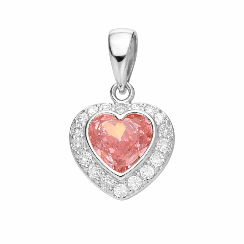 Komplet srebrnej biżuterii kolczyki i zawieszka z motywem serca i cyrkonią różową