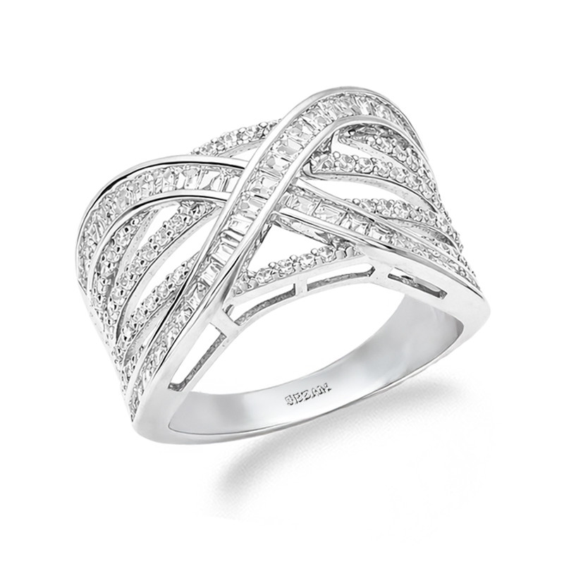 Pierścionek srebrny przeplatany z cyrkoniami bagieta srebro 925