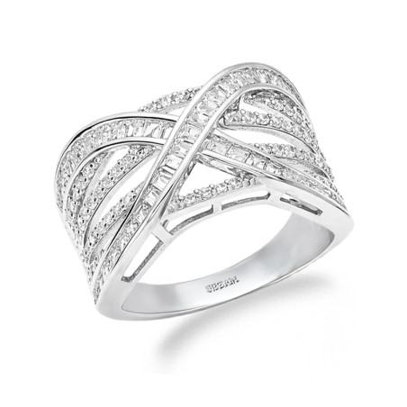 Pierścionek srebrny przeplatany z cyrkoniami bagieta srebro 925