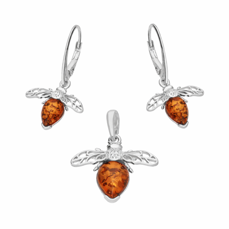 Komplet srebrny kolczyki wiszące i wisiorek z pszczołą i bursztynem
