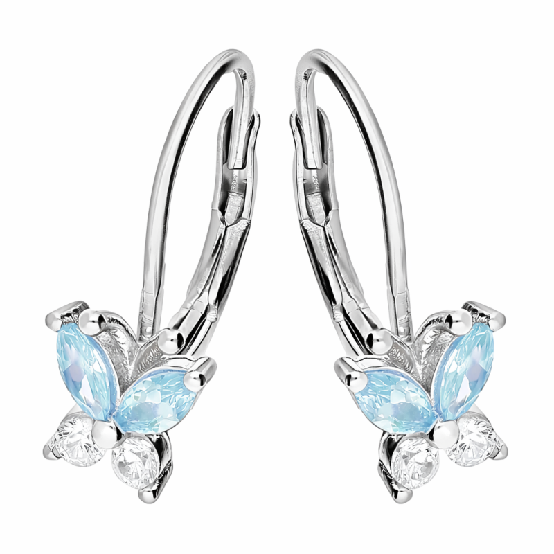 Kolczyki motylki z cyrkoniami białymi i błękitnymi, srebro 925