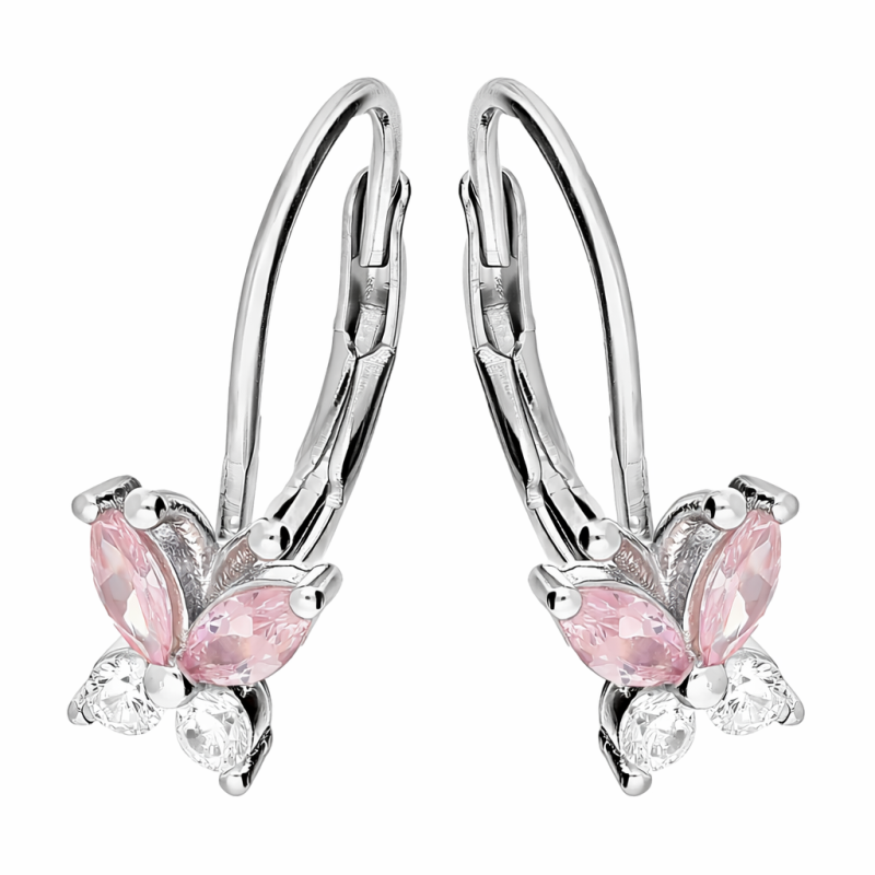 Kolczyki motylki z cyrkoniami jasno różowymi i białymi, srebro 925