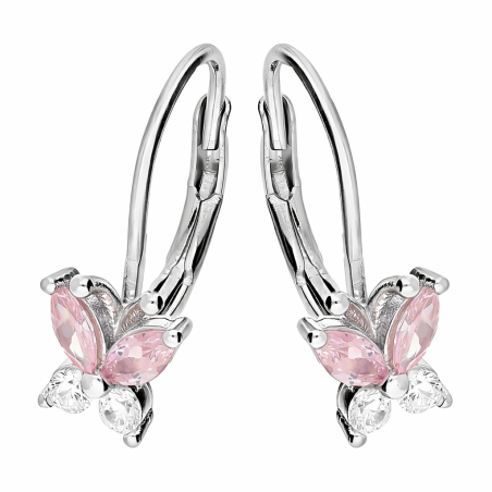 Kolczyki motylki z cyrkoniami jasno różowymi i białymi, srebro 925