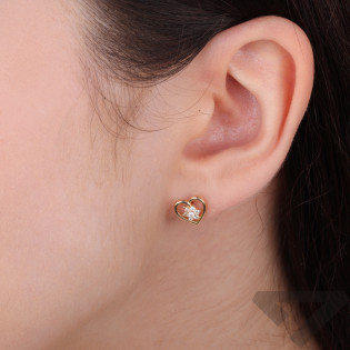 Kolczyki złote serduszko z kwiatkiem z cyrkonii, złoto próby 375