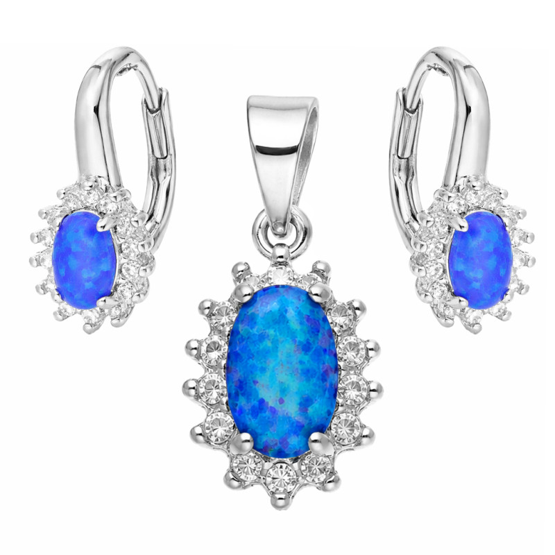 Komplet srebrny kolczyki i zawieszka markiza kwiat z niebieskim opalem