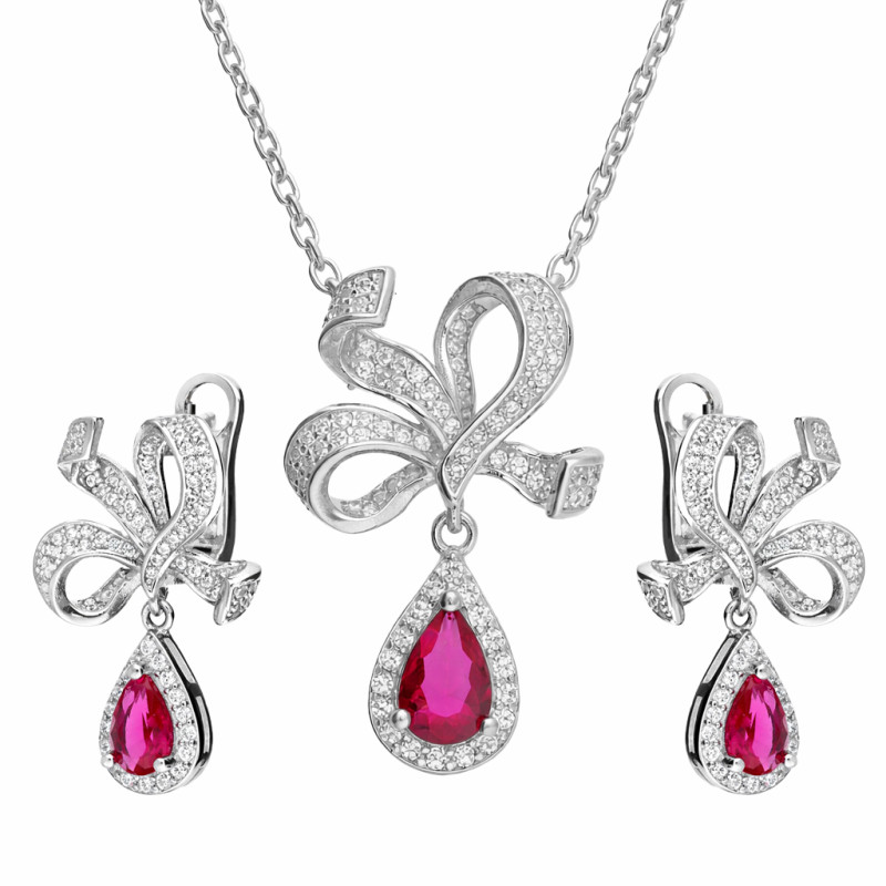 Komplet srebrnej biżuterii naszyjnik i kolczyki Markiza kropla z cyrkonią fuksja
