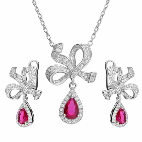 Komplet srebrnej biżuterii naszyjnik i kolczyki Markiza kropla z cyrkonią fuksja