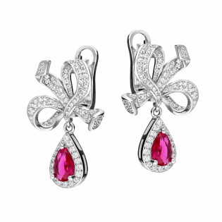 Komplet srebrnej biżuterii naszyjnik i kolczyki Markiza kropla z cyrkonią fuksja