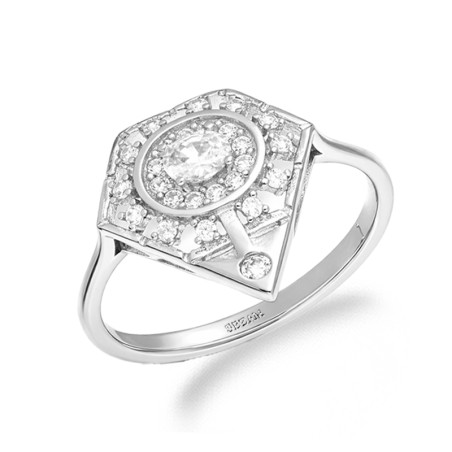 Pierścionek srebrny owalna cyrkonia w geometrycznym kształcie