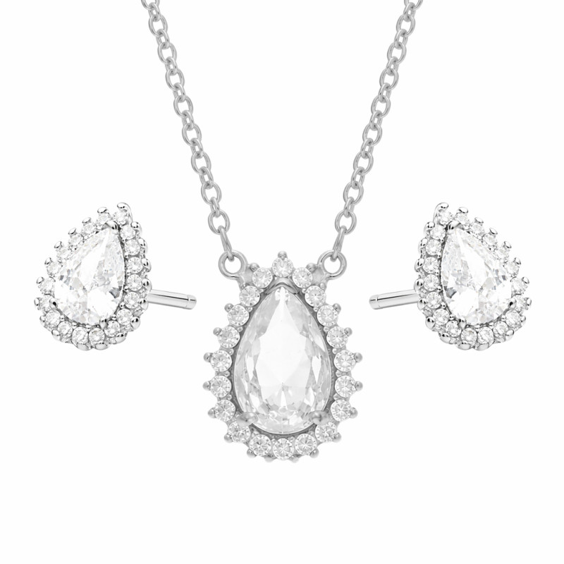 Komplet srebrny kolczyki i naszyjnik kropla z białymi cyrkoniami