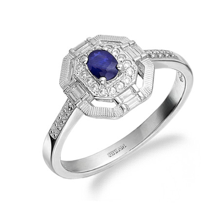 Pierścionek srebrny z cyrkoniami i szafirem prostokątna oprawa