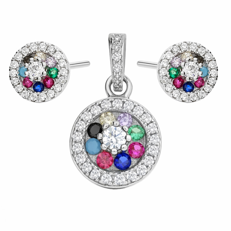 Komplet srebrnej biżuterii kolczyki i zawieszka z kolorowymi cyrkoniami
