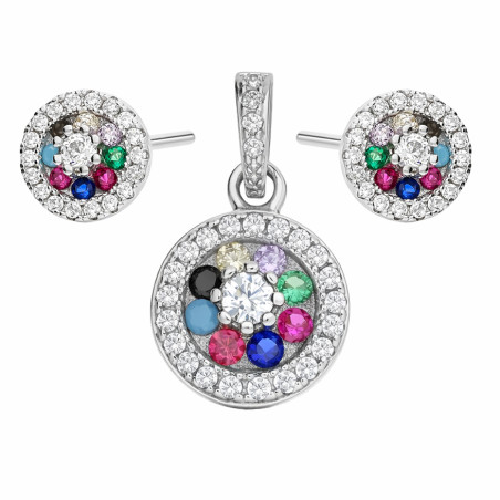 Komplet srebrnej biżuterii kolczyki i zawieszka z kolorowymi cyrkoniami