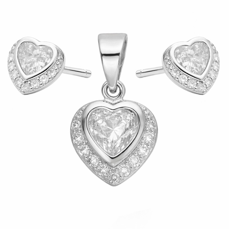 Komplet srebrnej biżuterii kolczyki i zawieszka z motywem serca