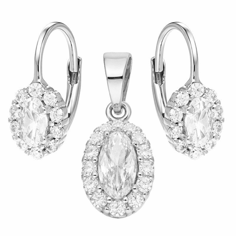 Komplet srebrnej biżuterii kolczyki i zawieszka Markiza owalna