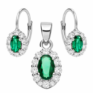 Komplet biżuterii srebrnej kolczyki i zawieszka Markiza z cyrkonią zieloną