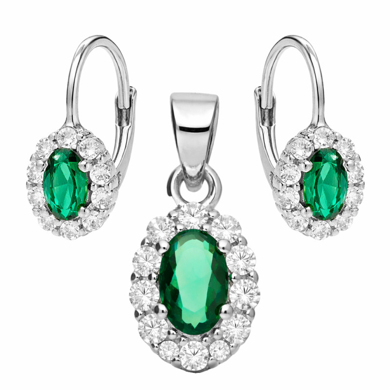 Komplet biżuterii srebrnej kolczyki i zawieszka Markiza z cyrkonią zieloną