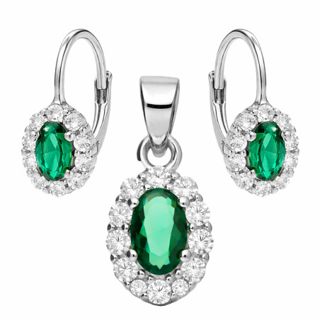 Komplet biżuterii srebrnej kolczyki i zawieszka Markiza z cyrkonią zieloną