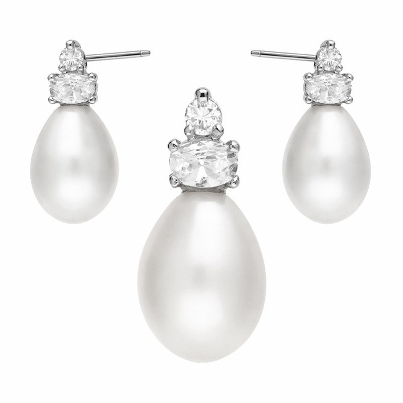 Komplet srebrnej biżuterii w próbie 925 z perłami o kształcie kropli