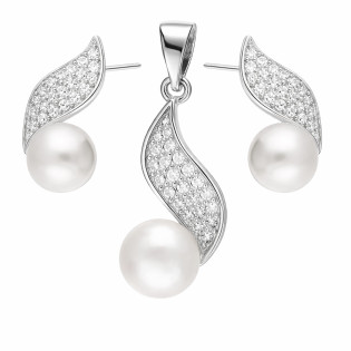 Komplet biżuterii srebrnej z naturalnymi perłami o kształcie łezki i cyrkoniami próba 925