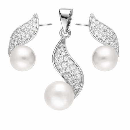Komplet biżuterii srebrnej z naturalnymi perłami o kształcie łezki i cyrkoniami próba 925